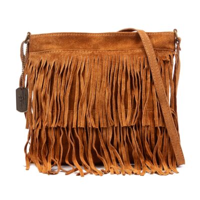 Notice women's fringed shoulder bag. Genuine Suede Leather.