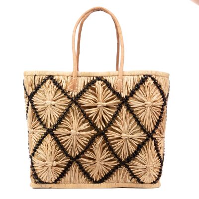 Sac cabas femme Vigonovo. Fabriqué en raphia et paille, avec poignées en cuir.