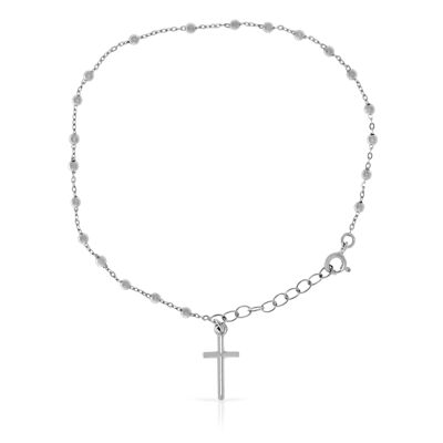 Pulsera Plata de Ley 925.Rosario de 21 esferas talladas.Colgante de Cruz.