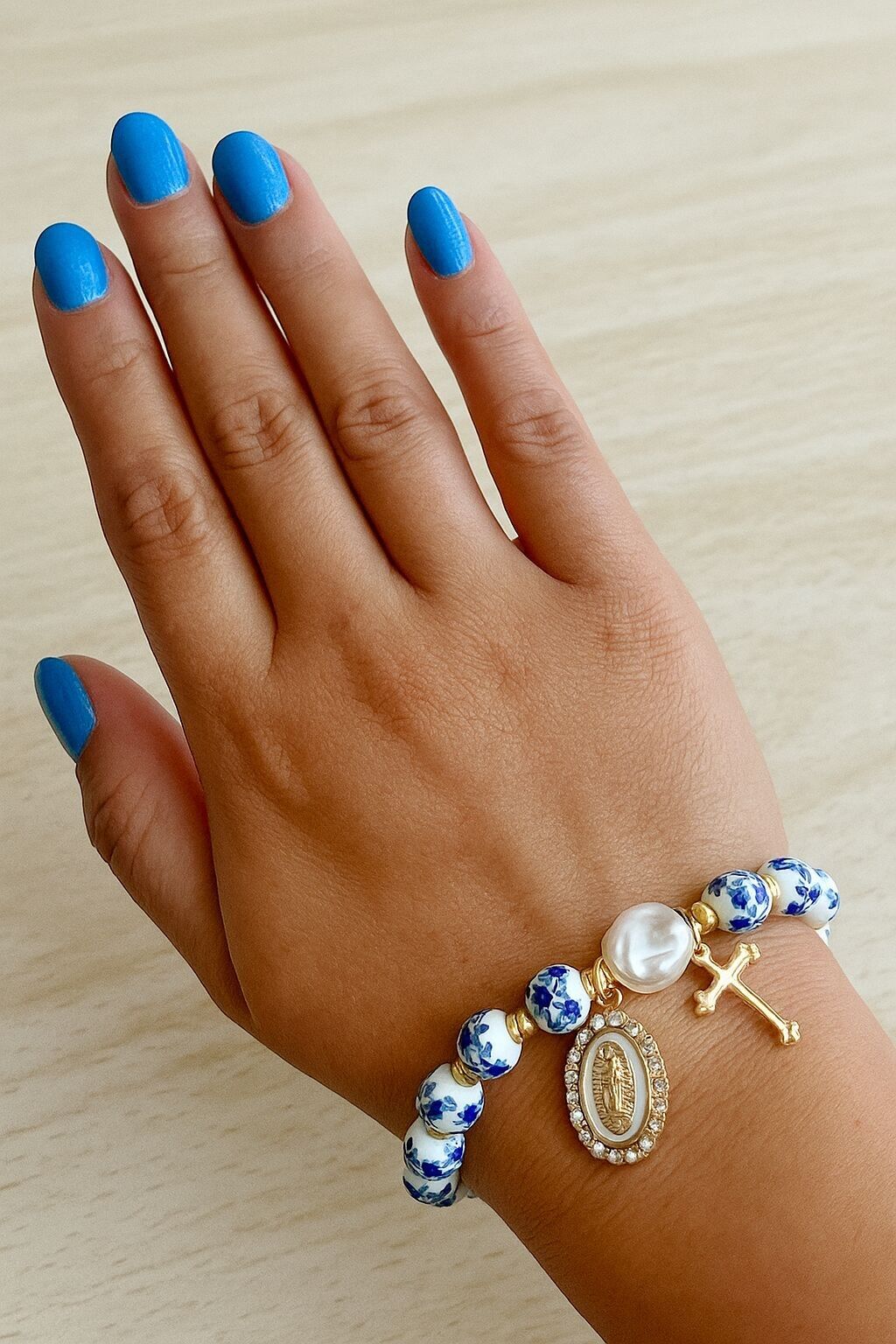 Bracciale in ceramica, braccialetto con ciondolo a croce e medaglia della Vergine Maria, braccialetto, regalo