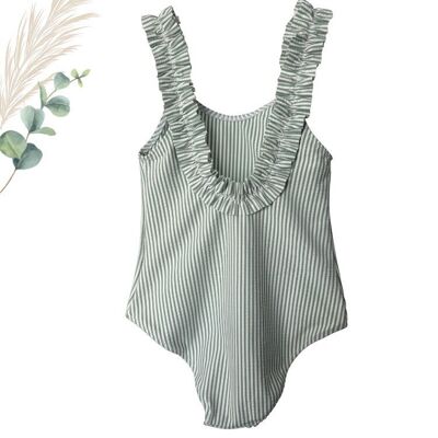 Girls' 1-piece seersucker ruffle swimsuit