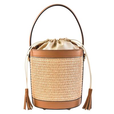 Modarno Borsa Secchiello in Vera Pelle spazzolata e rafia 18x13x16 cm