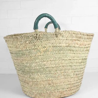 Marrakech Woven Storage Basket – Sage Leather Handle | Handwoven in Morocco