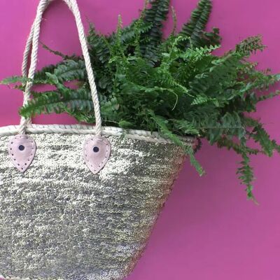 Sac fourre-tout en corde à sequins dorés – Sac en feuille de palmier tissé à la main avec poignées torsadées