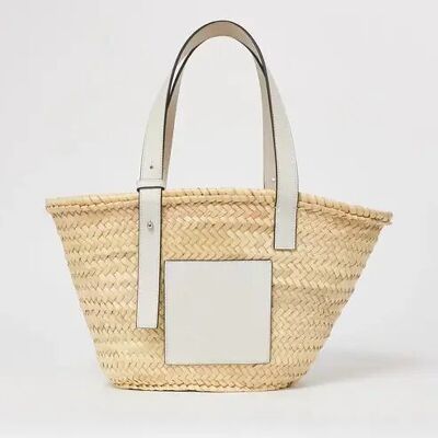Sac panier moyen en feuilles de palmier et cuir blanc – Sac fourre-tout marocain fait main