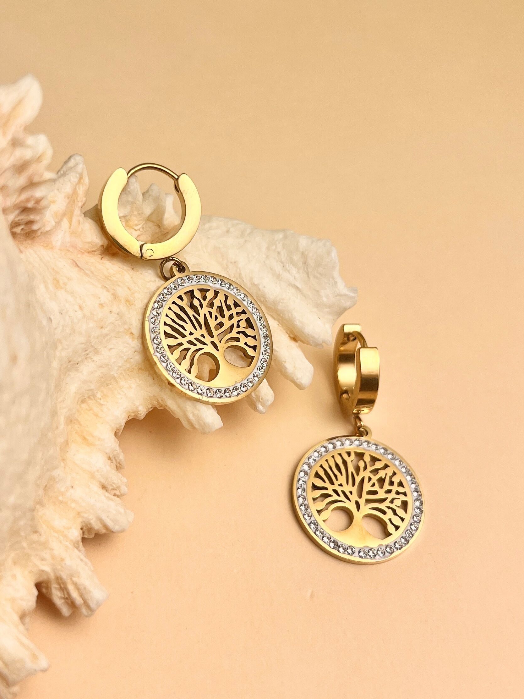 Boucle d'oreille motif arbre de vie  en acier inoxydable