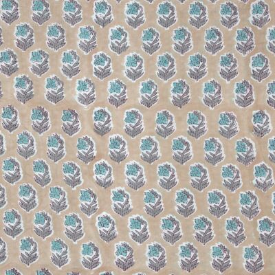Tela estampada a mano con estampado de bloques de Blue Booti sobre beige - 10 m
