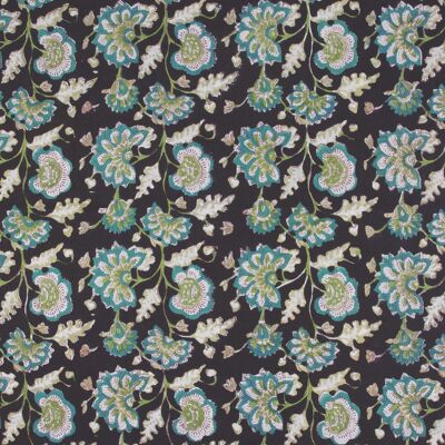 Tela estampada a mano con bloques de jardín turquesa negro - 10 m