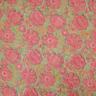 Tela estampada a mano con estampado de flores rosas sobre verde - 10 m