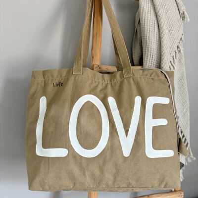 Bolsa BigBag con cordón LOVE (algodón reciclado caqui) NUEVO crudo