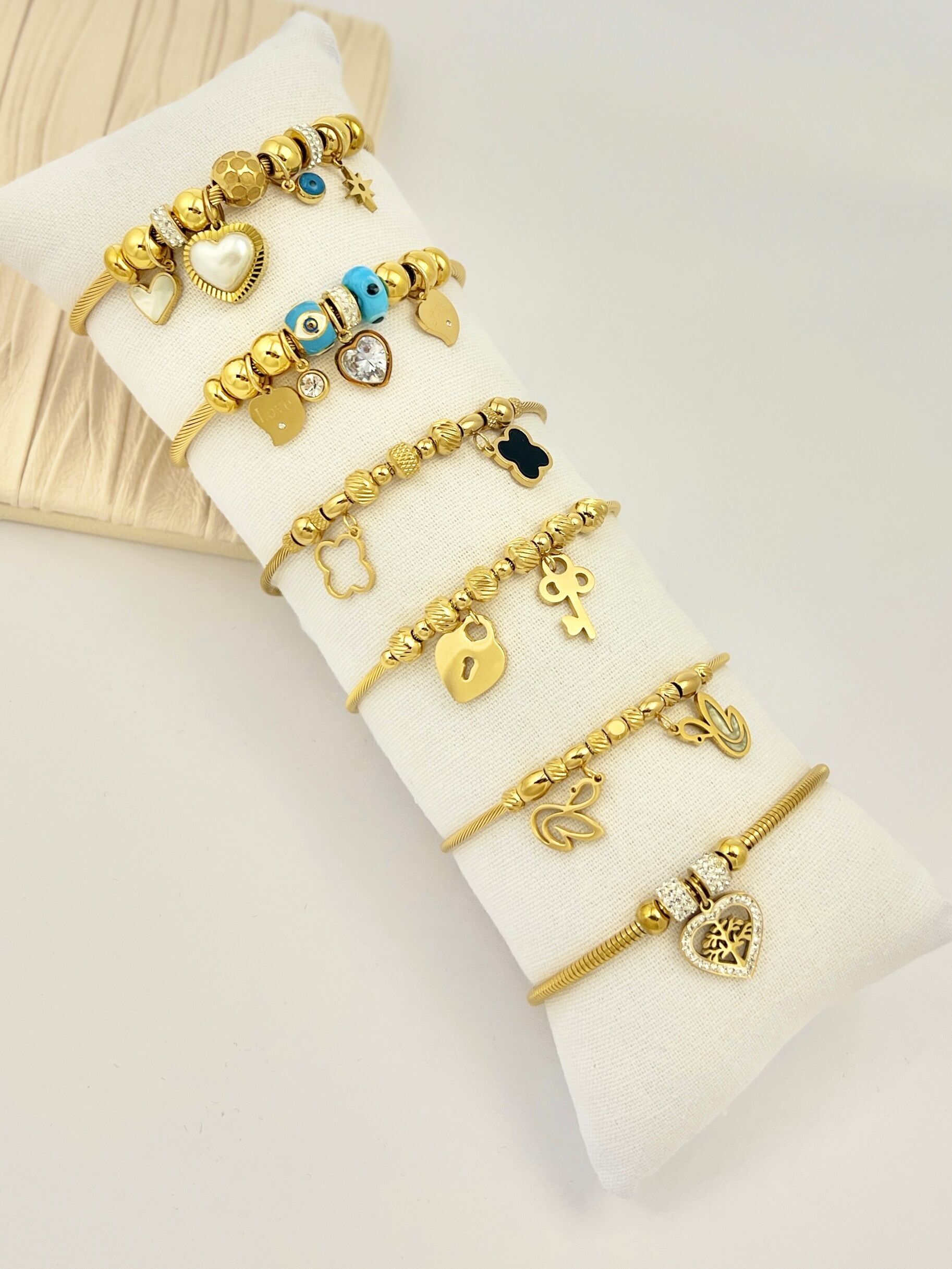 Set of 6 Stainless Steel Trendy Charm Bracelets with Free Cushion