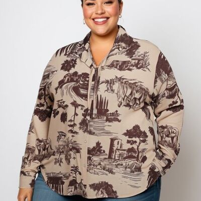 Camicia in seta di grandi dimensioni con stampa marrone.