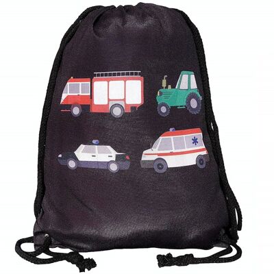 Bolsa de deporte infantil con diseño de coches en color negro.