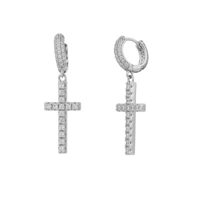 Full Pave Cross Sterling Silver Drop Hoop Earring