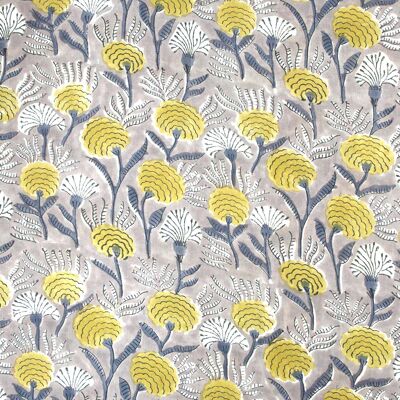 Tissu imprimé à la main avec imprimé floral jaune souci sur fond gris - 10 m