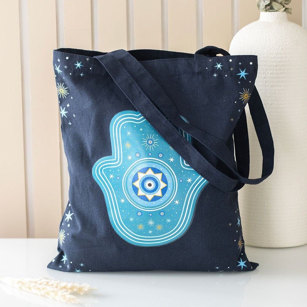 Borsa tote in policotone con la mano di Hamsa