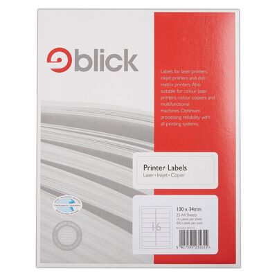 Etichette Blick, bianche, 16 per foglio, 25 fogli, rettangolari, 100 mm x 34 mm, 400 etichette, per casa, ufficio, famiglia, scuola
