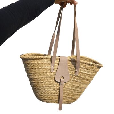 Panier marocain en palmier tissé à la main – Lanières en cuir et fermeture à boucle