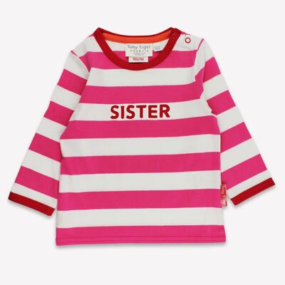 Camiseta de manga larga con apliques de hermana de rayas rosas orgánicas