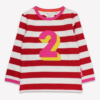 Camiseta orgánica de manga larga con rayas rojas y dos apliques