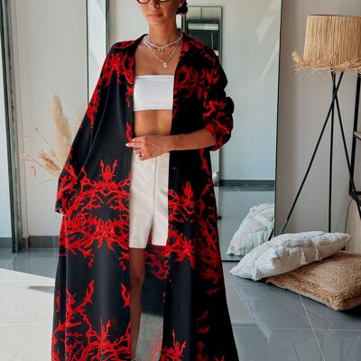 Túnica fluida de viscosa estampada en rojo y negro – Colección de verano