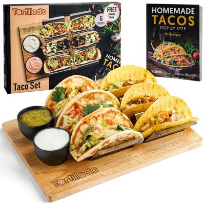 Ensemble de porte-tacos/porte-hot-dog dans un ensemble en acier inoxydable (planche de service en bois et bols à trempette inclus)