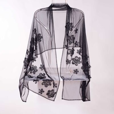Chal de tul negro con flores negras para fiesta y boda