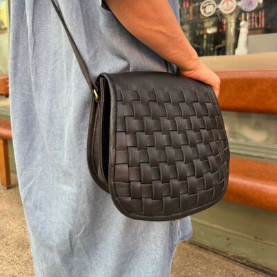 Black Sam Woven Leather Saddle Bag – Handcrafted Full-Grain Crossbody