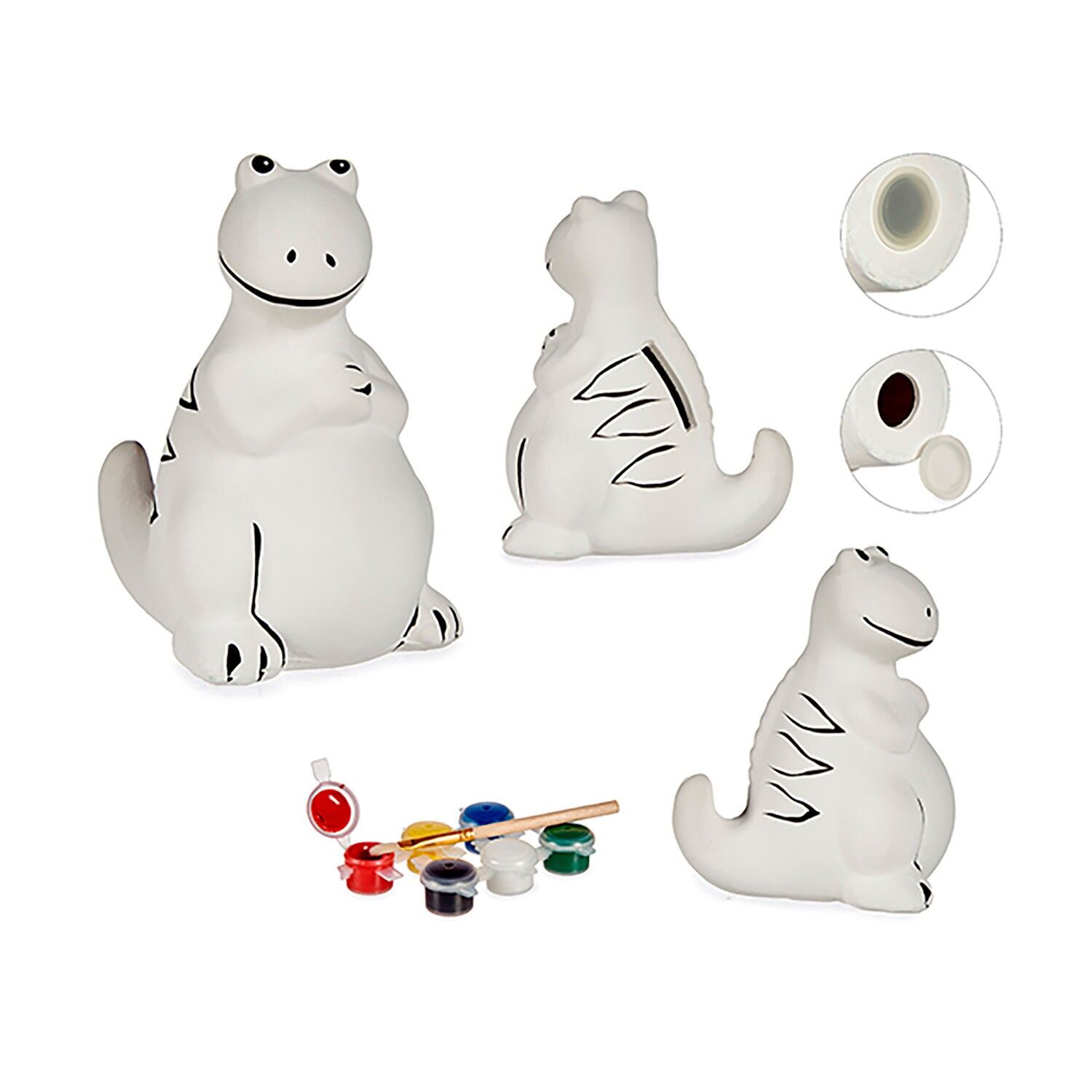 Sparschwein zum Bemalen, Motiv sitzender Dinosaurier.Farbe: Weiß