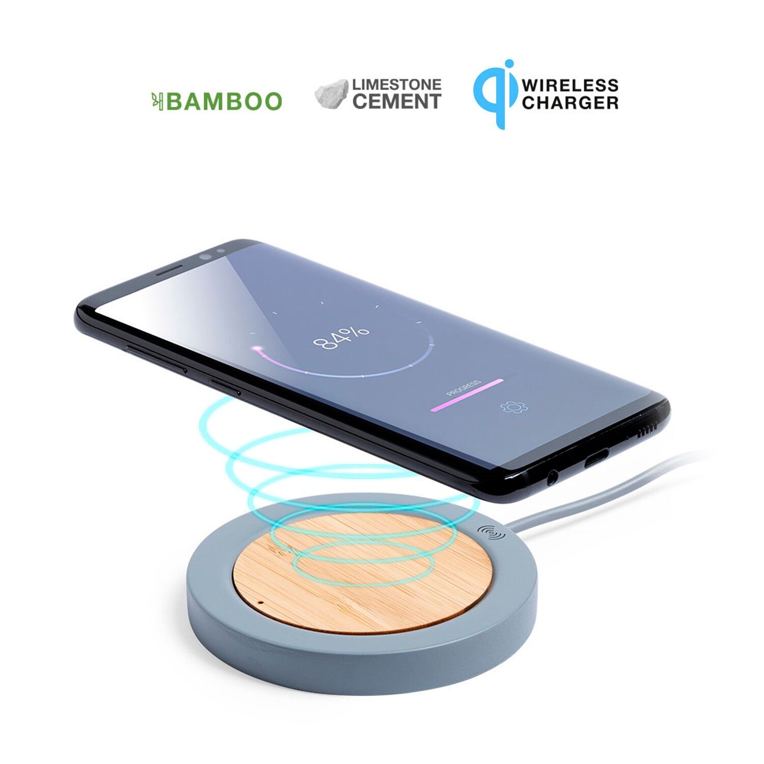 Caricabatterie wireless Qi in cemento e bambù Feskon.Colore: grigio blu