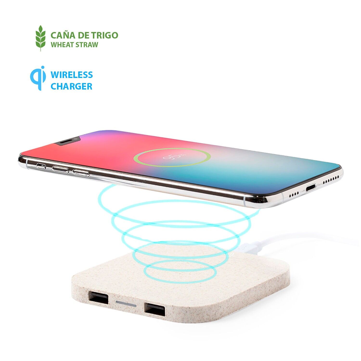 Caricabatterie wireless Riens Qi, realizzato in paglia di grano, con doppia uscita USB da 2100 mAh. Colore: tortora