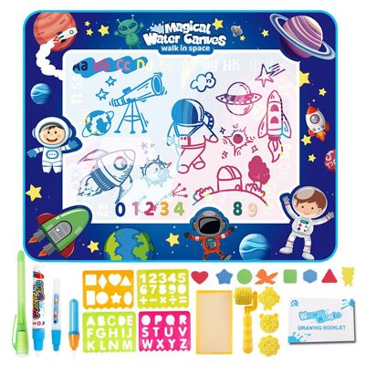 Tableau blanc pour enfants pour dessiner à l'eau, 100x80cm. Brille dans le noir. Comprend de la peinture légère, 3 marqueurs à eau, des pochoirs de dessin et d'écriture, des tampons en forme et 8 figurines EVA.Couleur : violet
