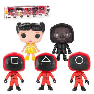 Lot de 5 figurines de calmar de 10 cm, motifs assortis. Présenté dans un coffret cadeau. Couleur : Multicolore