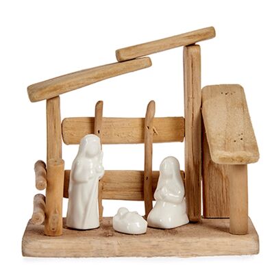 Crèche en bois avec 3 figurines.Couleur : Marron