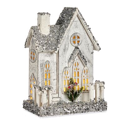 Figurine de maison en bois naturel avec lumières et paillettes.Couleur : Blanc
