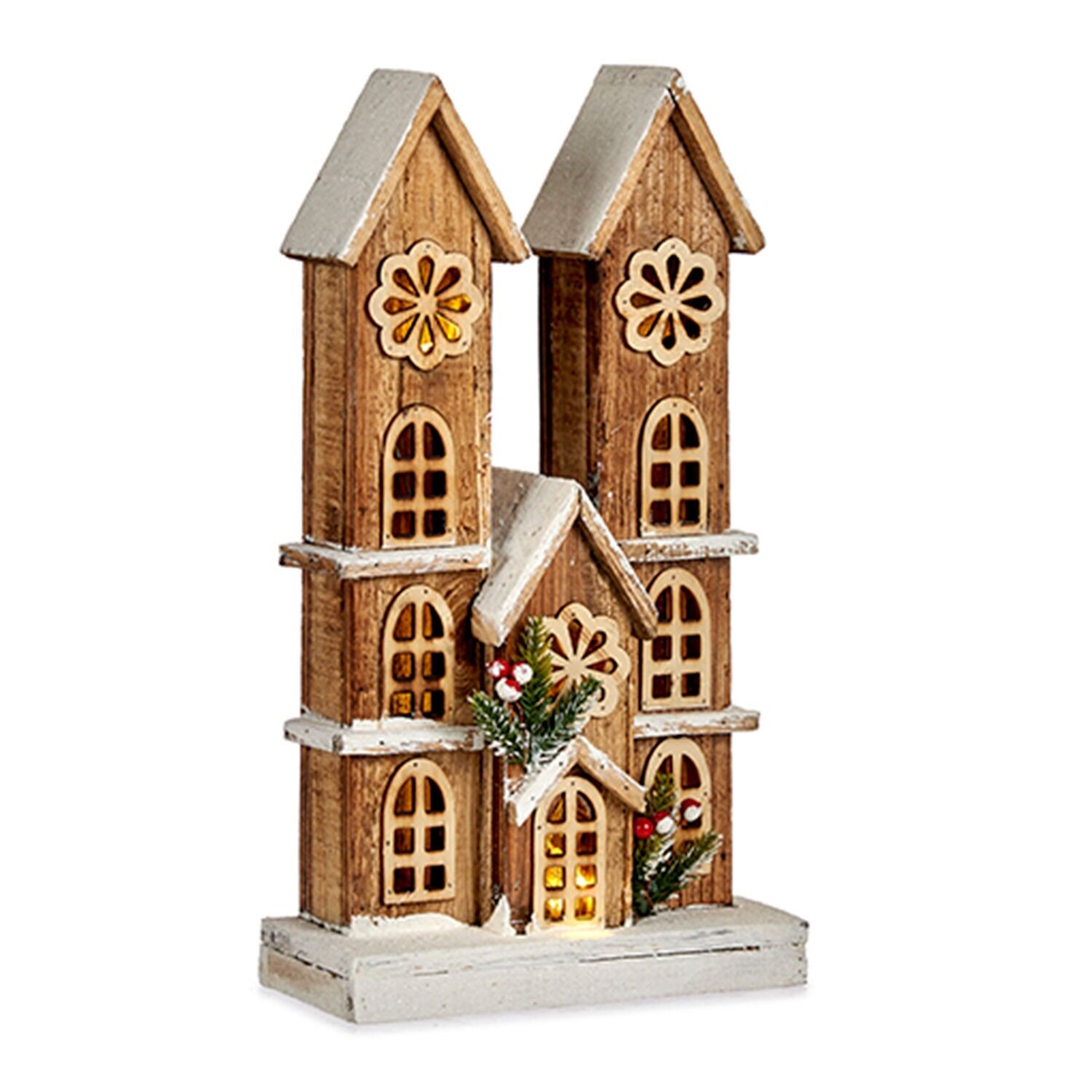 Figura di casa in legno naturale con luci e brillantini.Colore: Marrone