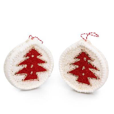 Pack de 2 colgantes planos de espuma con lentejuelas diseño arbol de navidad. Color:Blanco/Rojo