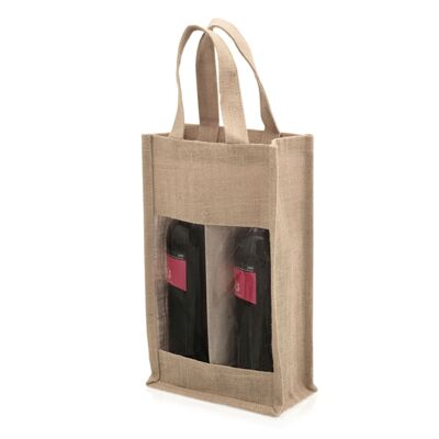 Koop, a laminated jute bag with individual compartment for two 75cl wine bottles.Color: Beige