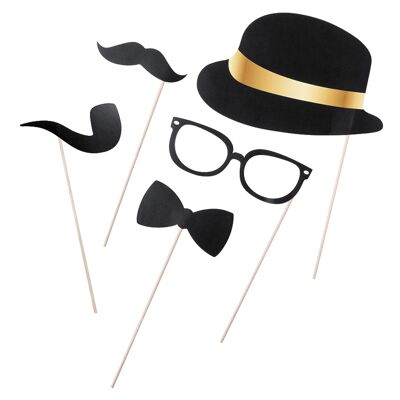 Carrey, set selfie de 5 piezas con divertidos accesorios sombrero, pipa, bigote, palomita y gafas. Color:Negro