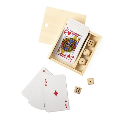 Pelkat, a game set with a French deck of cards and wooden dice.Color: Beige