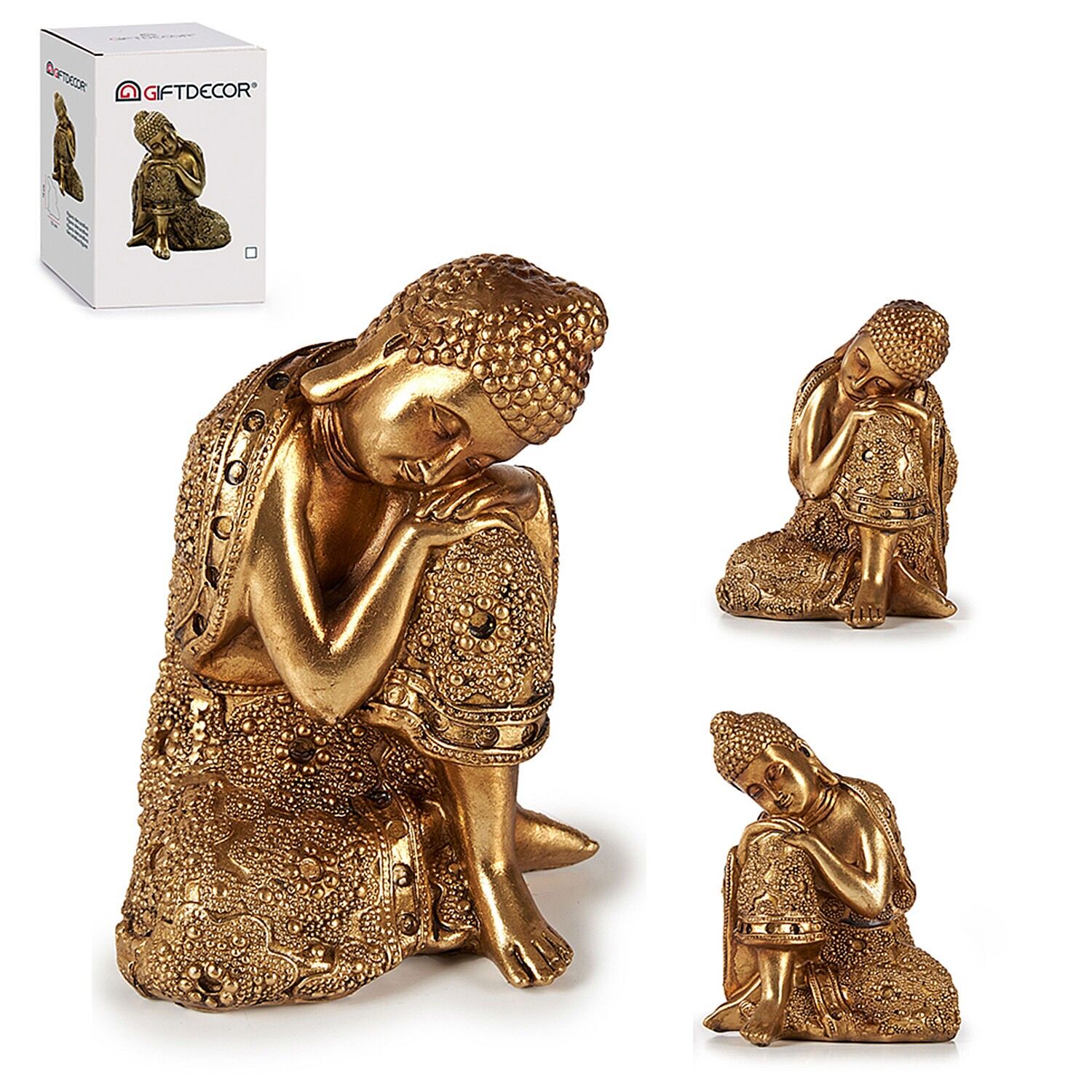 Buddha seduto di lato, realizzato in resina dorata. 16.5cm Colore: Oro