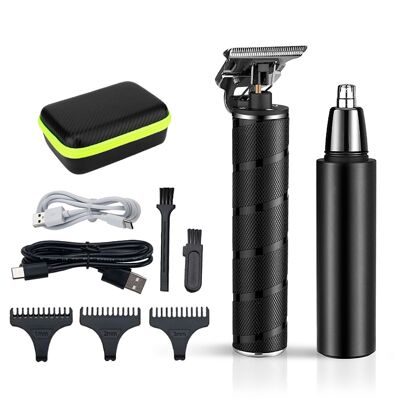 Kit 2 en 1 avec tondeuse à cheveux et à barbe + rasoir à poils de nez. Avec ensemble d'accessoires. Rechargeable battery. Couleur : Noir