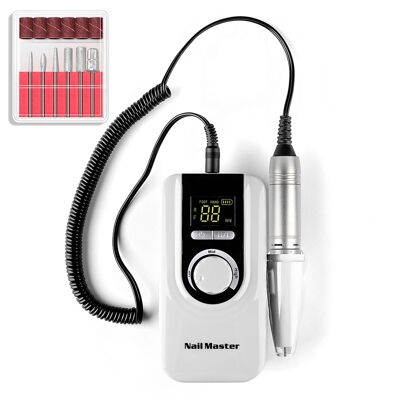 25W Nail Polisher with Rechargeable Battery, up to 30.000 rpm. Adjustable speed. Includes 6 polishing heads and 6 files.Color: White