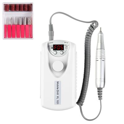 Nail polisher with 2200mAh rechargeable battery, up to 35.000 rpm. Adjustable speed. Includes 6 polishing heads and 6 files.Color: White