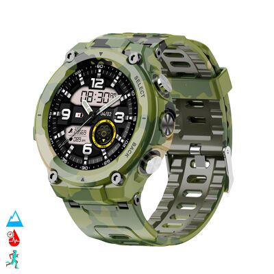 Smartwatch Q666K con batería de 600mAh de larga duración. Monitor cardiaco y de tensión, sumergible. Color:Camuflaje Verde