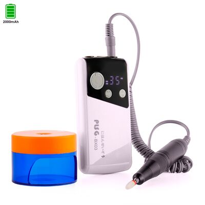 Polisseuse à ongles avec batterie rechargeable de 2000 mAh, jusqu'à 35.000 tr/min. Vitesse réglable. Comprend 1 tête de polissage et une lampe de séchage UV. Couleur : rose clair