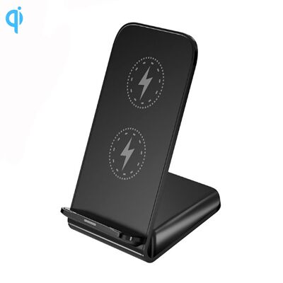Cargador inalámbrico Qi de bobinas duales con soporte. 15W/10W/7.5W/5W/ Color:Negro
