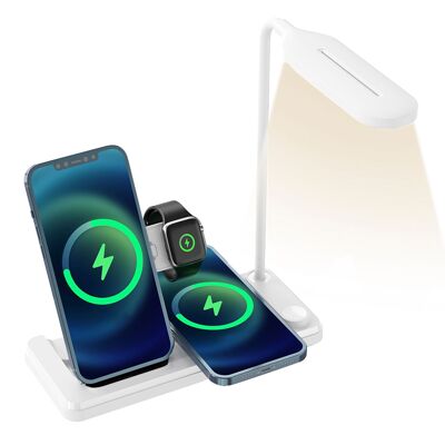 Cargador inalámbrico 4 en 1: cargador inalámbrico Qi, cargador inalámbrico de auriculares, cargador de Apple Watch y lámpara led. Color:Blanco
