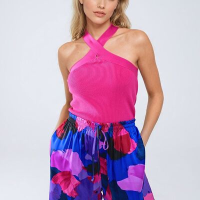 Top cropped incrociato in maglia fucsia