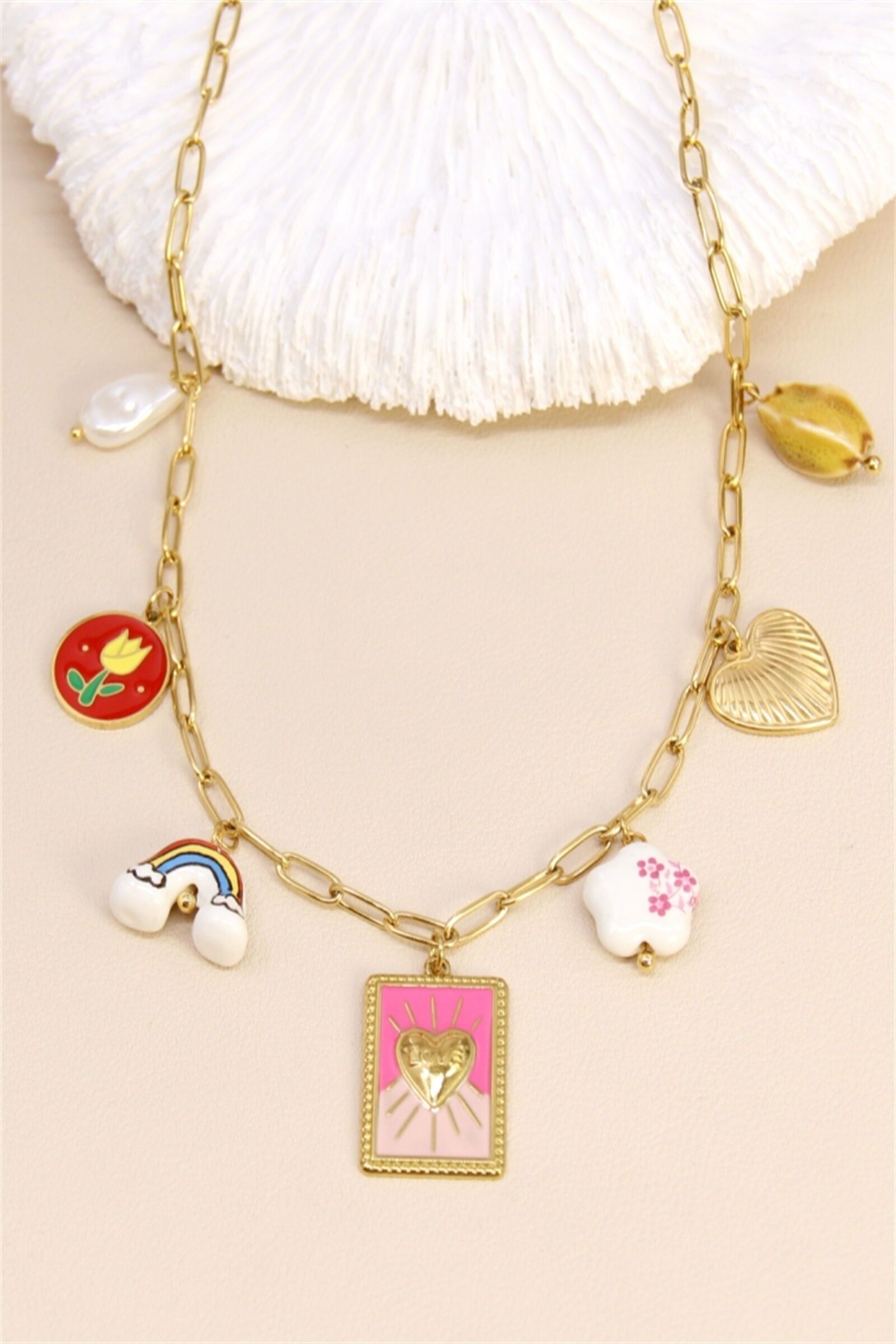 Collier Charms Cœur & Arc-en-Ciel – Acier inoxydable